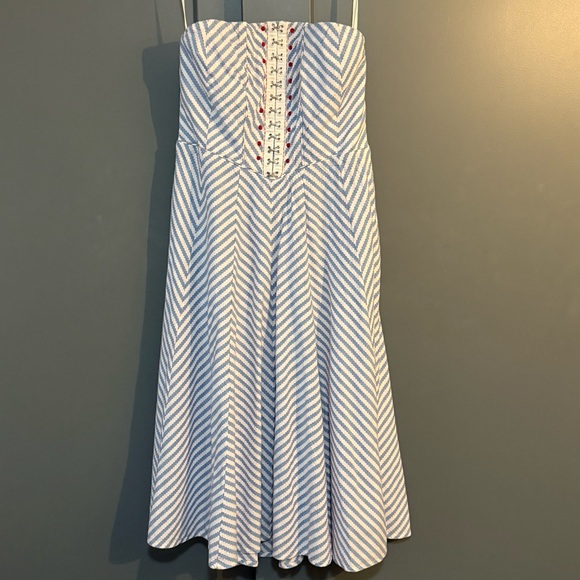 Anthropologie Maeve Strapless Midi Dress Blue White Stripes NEW - Picture 3 of 7